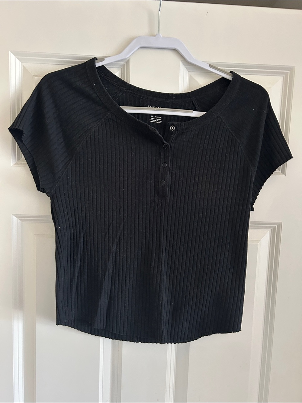 American Eagle Black Ribbed Henley Short Sleeve Top XL